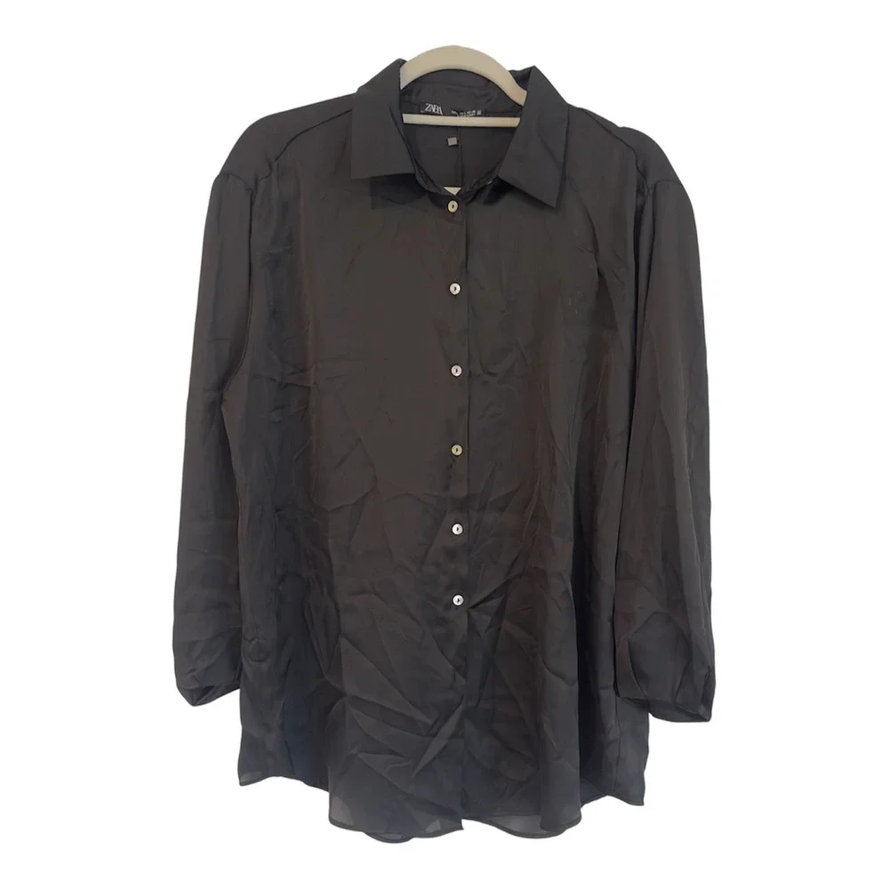 Zara Womens Black Satin Finish Button Down Shirt Long Sleeve Blouse 3666/220 L - Picture 1 of 4